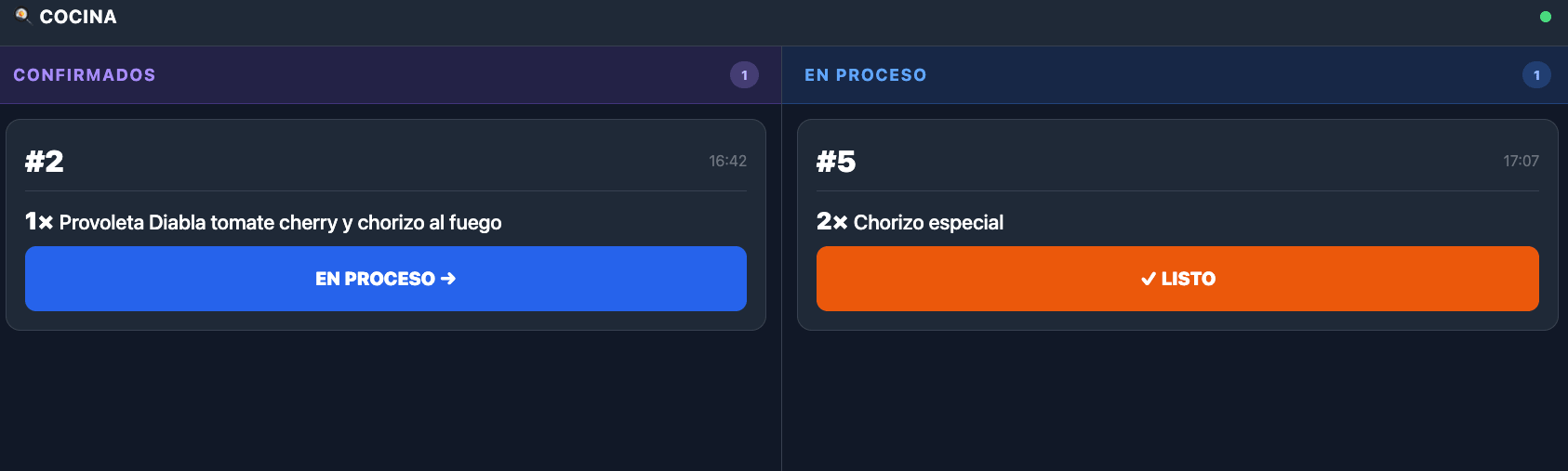 Pantalla de cocina con pedidos en tiempo real